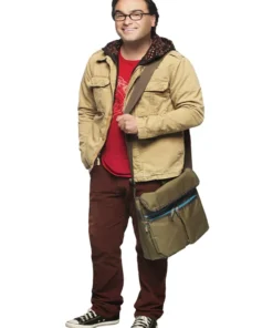 Full body shot of Leonard Hofstadter in the Big Bang Theory Leonard Jacket with a messenger bag and red shirt.