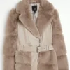 Product shot of the Chanel Cresswell Fur Jacket, featuring Vegan fur trim, light beige panels, and a prominent waist belt detail.