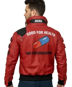 Rear view of the Cyberpunk 2077 Akira Capsule Jacket featuring the iconic red capsule and the "GOOD FOR HEALTH" quote.