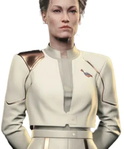 Close-up of Song So Mi wearing the white and gold Cyberpunk 2077 Phantom Liberty jacket. A key part of the Cyberpunk V Phantom Liberty outfit.