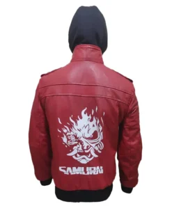 Rear view of the cyberpunk 2077 samurai jacket Red. Shows the large flaming Samurai mask logo and 'SAMURAI' text. A vibrant cyberpunk suit piece.