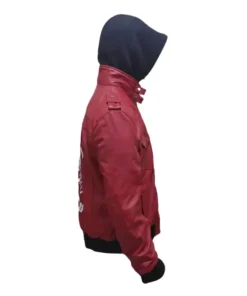 Side view of the cyberpunk 2077 samurai jacket Red with a black hood. Great cyberpunk 2077 samurai merch Red item for fans