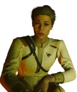 Song So Mi aims a rifle while wearing the white and gold Phantom Liberty bomber jacket. This is a tactical piece of the Cyberpunk V Phantom Liberty outfit