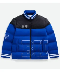 Front view of a royal blue and black puffer jacket with a white-striped ribbed collar. The jacket has the NFL shield logo on the black upper portion and "BILLS" outlined in white on the blue lower portion.