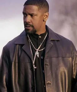 Closeup of Denzel Washington as Alonzo Harris in his iconic Denzel Washington LAPD leather coat.
