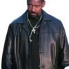 Denzel Washington Training Day Leather Coat, a black, collared trench style worn by Alonzo Harris in the film.