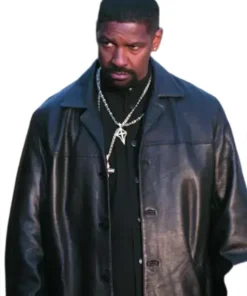 Denzel Washington Training Day Leather Coat, a black, collared trench style worn by Alonzo Harris in the film.