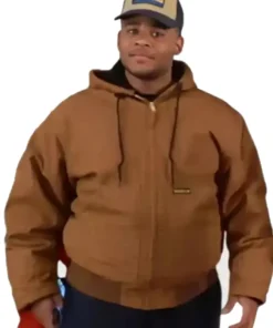 Full front of a Fanum inspired brown jacket worn as a casual Fanum NYC brown jacket outfit over a grey tee.