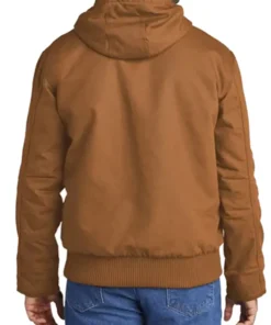 Back view of the casual, quilted Fanum brown puffer jacket featuring a prominent ribbed hem and attached hood.