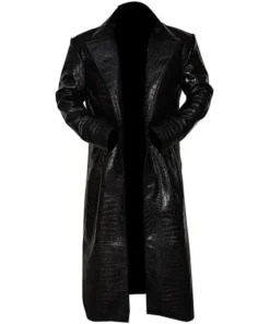 Iconic Morpheus Fishburne alligator coat with embossed leather pattern, belt design