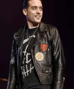 G-Eazy concert biker leather jacket featuring patches and multiple zippers. The jacket is part of the iconic G-Eazy These Things Happen leather jacket style.