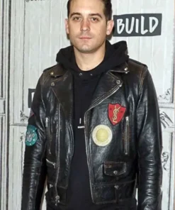 G-Eazy black biker leather jacket worn as part of his leather biker jacket outfit. This jacket features multiple patches.