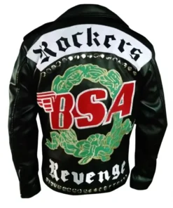 Back view of George Michael's Rockers Revenge moto leather jacket showing the embroidered 