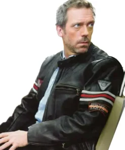 Hugh Laurie House MD leather jacket scene still, rugged mens TV series jacket closeup