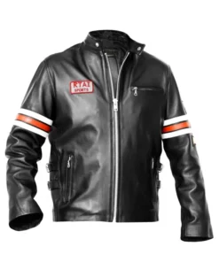 House MD leather jacket on Hugh Laurie, casual seated look in black TV series motorcycle style