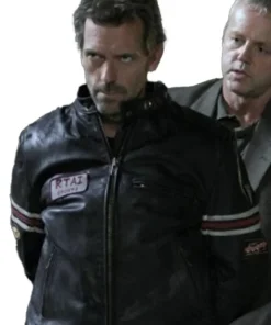 Front view House MD motorcycle style leather jacket, mens TV series outfit with sporty stripes