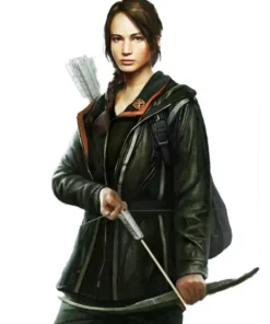 Front view Hunger Games jacket, Katniss Black leather Hunger Games arena jacket