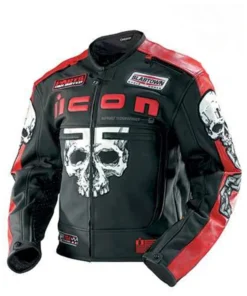 Front view icon motorhead jacket with skull graphic, red panels and racing style