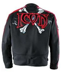 Back of Icon Motorhead racing leather jacket featuring ICON logo and crossbones graphic on black