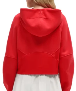 Back view of a red Kansas City Chiefs lululemon women’s NFL half zip sweatshirt with an oversized scuba hoodie design.