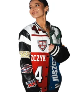 Kristin Juszczyk Kyle Juszczyk jacket. A custom varsity design featuring the name JUSZCZYK, number 44, and Super Bowl patches.