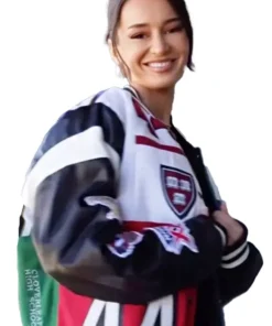 Kristin Juszczyk's Super Bowl jacket—a custom-designed, colorful varsity jacket with patches.