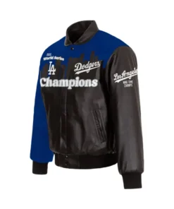 Front view of the LA Dodgers x JH Design 2025 World Champion Snap Leather Jacket. This LA Dodgers 2025 World Champion Leather Jacket features blue shoulder/sleeve panels and black leather body/sleeves. It showcases "LA Champions" over a cityscape and "Los Angeles Nine-Time Champs" on the sleeve. A perfect 2025 LA Dodgers Leather Jacket for fans.