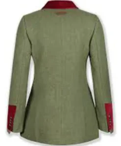 Rear view of the Lady Sabrina The Gentlemen 2024 blazer. Shows the red velvet cuffs and collar on the green tweed Joely Richardson blazer jacket.