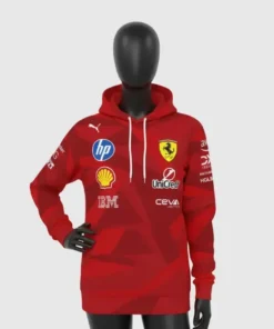 mannequin modeling the Lewis Hamilton Las Vegas Grand Prix hoodie, providing a clear front view of the fit, pockets, and Scuderia Ferrari shield placement.