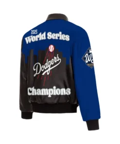 Back view of the Los Angeles Dodgers 2025 World Champion Leather Jacket. This Dodgers 2025 World Champion Leather Jacket is blue and black, displaying "2025 World Series Dodgers Champions" over a cityscape graphic with a baseball. It also features the World Series logo on the sleeve, making it a distinctive LA Dodgers World Champion 2025 Leather Jacket and a great piece of Dodgers 2025 Snap Jacket merchandise.