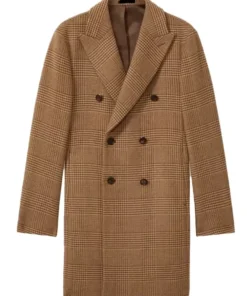 My Secret Santa Ryan Eggold long wool coat movie outfit. A man wearing the inspired brown plaid double-breasted coat.