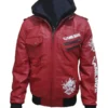 Front view of the hooded cyberpunk 2077 samurai jacket Red. Features Samurai logos on the chest and sleeve. Part of the cyberpunk 2077 samurai merch Red