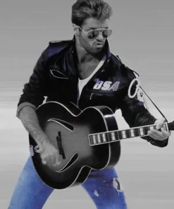 Black closeup of George Michael wearing the iconic Rockers Revenge jacket and aviator sunglasses.