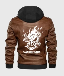 Back view of the brown cyberpunk2077 jacket with a large white flaming Samurai mask logo and 'SAMURAI' text. A stylish mens cyberpunk jacket