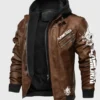 Front view of a brown hooded mens cyberpunk jacket. Features white 'SAMURAI' graphics on the chest and sleeve, inspired by cyberpunk 2077 jackets.