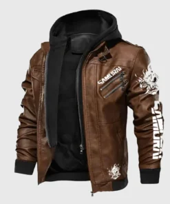 Front view of a brown hooded mens cyberpunk jacket. Features white 'SAMURAI' graphics on the chest and sleeve, inspired by cyberpunk 2077 jackets.