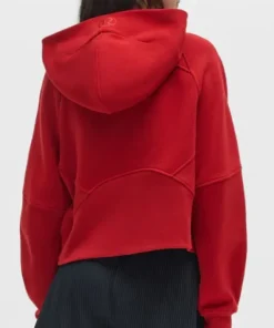 Back view of the red San Francisco 49ers NFL x lululemon scuba oversized half zip hoodie.