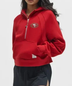 Red San Francisco 49ers NFL x lululemon women's scuba oversized half zip hoodie with the team's large logo.