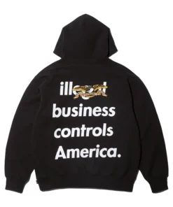 Supreme x Antihero Illegal Business Controls America hoodie front view, black