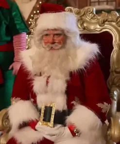 Taylor red Santa Christmas coat Close-up of Taylor red Santa Christmas coat with gold filigree and wide white Vegan fur trim.