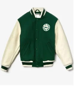 front of the Tyler The Creator Varsity Jacket, light blue and white, with a large GOLF le FLEUR* character design.