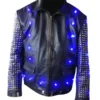Front view of the black leather Chris Jericho light up Y2J jacket featuring studs and glowing blue lights.
