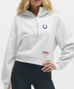 Front of the heathered grey Indianapolis Colts oversized NFL lululemon scuba half zip hoodie.