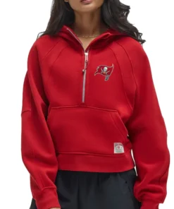 Vibrant red Atlanta Falcons NFL x lululemon women's half zip scuba hoodie with the team logo and a front pouch pocket.