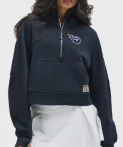 Front view of the navy Tennessee Titans NFL lululemon relaxed fit scuba half zip pullover.