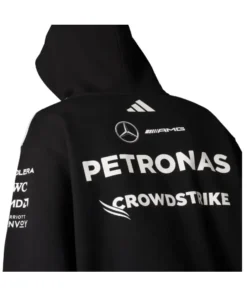 Adidas x Mercedes AMG Petronas F1 Team black hoodie with PETRONAS, CROWDSTRIKE, and sponsor logos on the back, great fan gear.