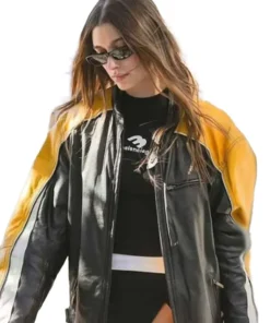 Hailey Biebers Hailey Bieber Yellow Leather Jacket airport look, a cropped biker style.
