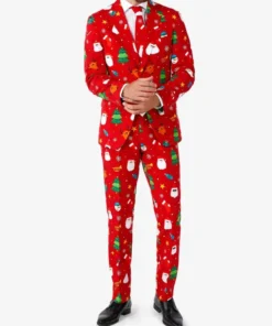 Opposuits christmaster style red Christmas suit for men. Full front view of the men's Christmas suits with matching christmas themed suit and tie.