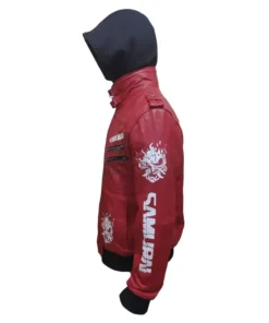 Diagonal side view of the hooded cyberpunk 2077 samurai jacket Red. Displays sleeve and lower front graphics. Ideal cyberpunk 2077 samurai merch Red.