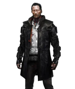 Full-body image of a male character wearing a long black cyberpunk 2077 coat with armor plating. This futuristic cyberpunk coat is a stylish samurai coat.